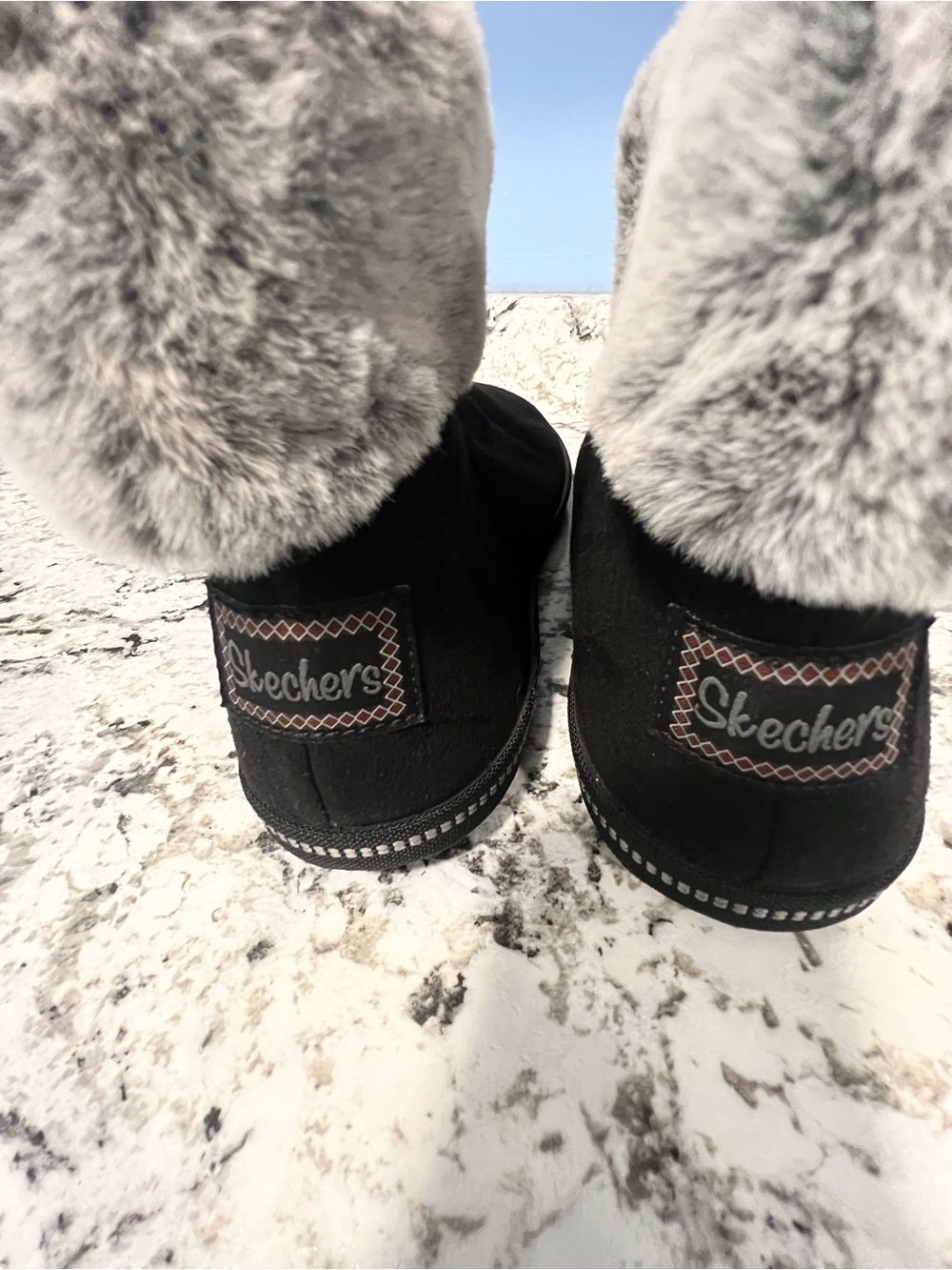 Skechers Womenโs Black Boots with Gray Faux Fur Cuff